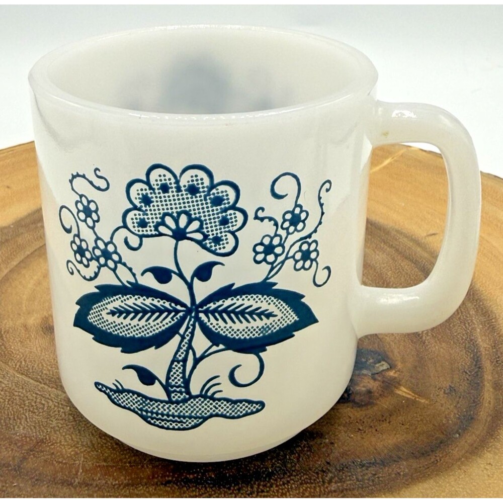 Vintage Glasbake Milk Glass Coffee/Tea Mug Blue Onion Flower D Handle 12 Oz